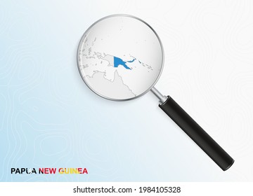 Magnifier with map of Papua New Guinea on abstract topographic background. Vector map.