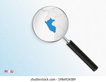 Ampliador con mapa del Perú sobre fondo topográfico abstracto. Mapa de vectores.