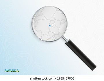 Magnifier with map of Rwanda on abstract topographic background. Vector map.