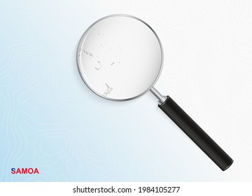 Magnifier with map of Samoa on abstract topographic background. Vector map.