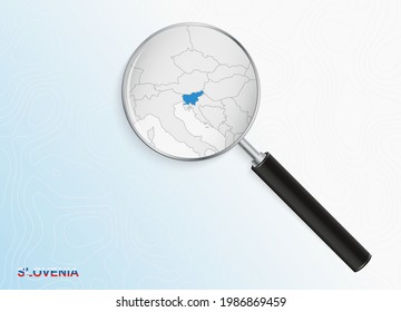 Magnifier with map of Slovenia on abstract topographic background. Vector map.