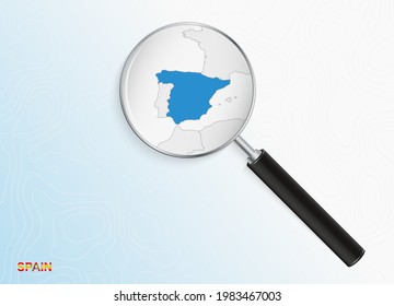 Magnifier with map of Spain on abstract topographic background. Vector map.