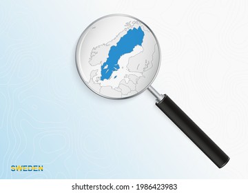 Magnifier with map of Sweden on abstract topographic background. Vector map.