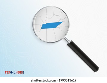 Magnifier with map of Tennessee on abstract topographic background. Vector map.