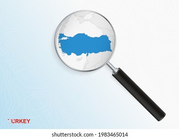 Magnifier with map of Turkey on abstract topographic background. Vector map.