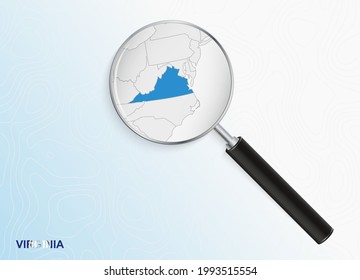 Ampliador con mapa de Virginia sobre fondo topográfico abstracto. Mapa de vectores.