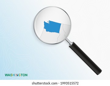 Magnifier with map of Washington on abstract topographic background. Vector map.