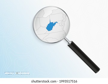 Ampliador con mapa de Virginia Occidental sobre fondo topográfico abstracto. Mapa de vectores.