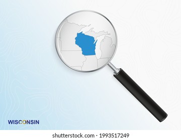 Magnifier with map of Wisconsin on abstract topographic background. Vector map.