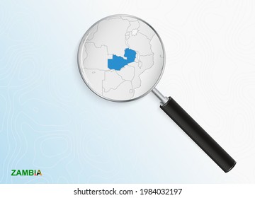 Magnifier with map of Zambia on abstract topographic background. Vector map.