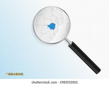 Magnifier mit Karte von Simbabwe auf abstraktem topographischem Hintergrund. Vektorplan.
