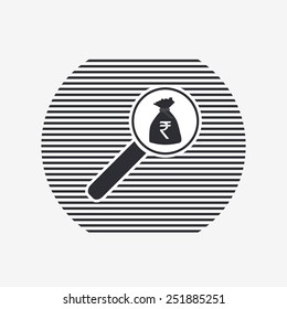 Magnifier with money bag icon. Indian rupee currency symbol. Flat design style. Made in vector illustration