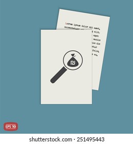 Magnifier with money bag icon. Israeli Shekel currency symbol. Flat design style. Made in vector illustration