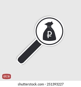 Magnifier with money bag icon. Ruble currency symbol. Russian currency. Flat design style. Made in vector illustration