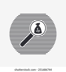 Magnifier with money bag icon. Saudi Arabian riyal currency symbol. Flat design style. Made in vector illustration