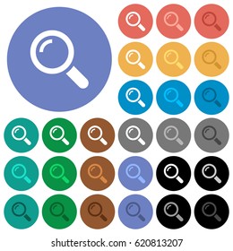 Magnifier multi colored flat icons on round backgrounds. Included white, light and dark icon variations for hover and active status effects, and bonus shades on black backgounds.