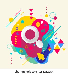 Magnifier on abstract colorful spotted background with different elements. Flat design.