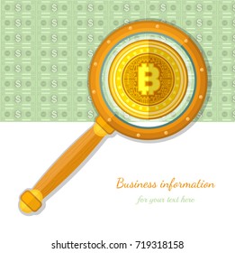Magnifier on bank notes background visualization of bit coin. Flat business background svg