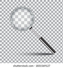Magnifier on checkered background. Realistic loupe. Zoom and search tool. Vector illustration.