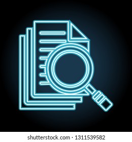 magnifier on the document file neon icon. Simple thin line, outline vector of web, minimalistic icons for UI and UX, website or mobile application