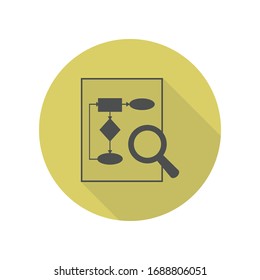 magnifier on the document long shadow icon. Simple glyph, flat vector of web icons for ui and ux, website or mobile application