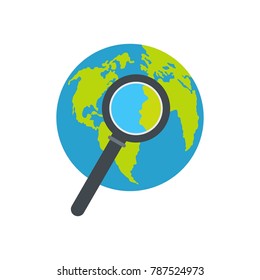 Magnifier on earth icon. Flat illustration of magnifier on earth vector icon isolated on white background