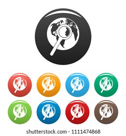 Magnifier on earth icon. Simple illustration of magnifier on earth vector icons set color isolated on white