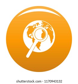 Magnifier on earth icon. Simple illustration of magnifier on earth vector icon for any design orange