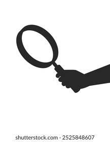 Magnifier on hand holding silhouette. Hand holding magnifying glass icon. Black silhouette isolated on white. Vector flat illustration. Search concept. stock illustration