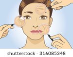 A magnifier on hand magnifying the woman facial to finding wrinkle around her face area.