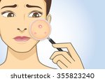 A magnifier on hand magnifying the woman facial to finding acne on her face area. She is feeling stress because of acne.