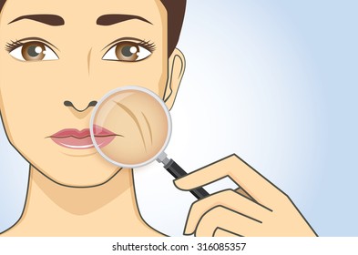 A magnifier on hand magnifying the woman facial to finding wrinkle on her cheek