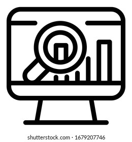 Magnifier on the monitor icon. Outline magnifier on the monitor vector icon for web design isolated on white background