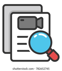 A magnifier on video document, video search concept flat vector icon