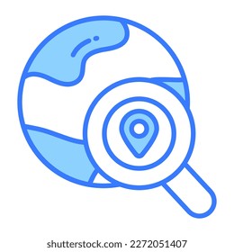 Magnifier on world globe, vector of global search in editable style