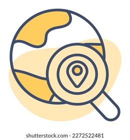Magnifier on world globe, vector of global search in editable style