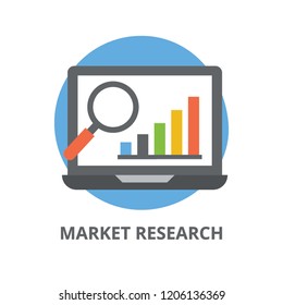 
Magnifier over bar graph on laptop screen, market research flat icon
