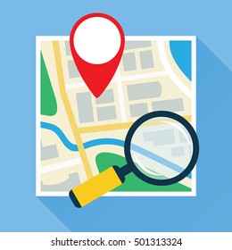 Magnifier over navigation map. Magnifying glass with handle zooming fragment of a city scheme with GPS symbol on it. Flat icon for navigational or location software. Vector eps10 illustration.