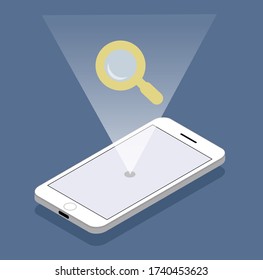  Magnifier over a smartphone on blue background. Isometry Concept for business, mobile application, search on the Internet, from a mobile phone, smartphone, search service.