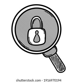 magnifier with padlock doodle vector icon. Drawing sketch illustration hand drawn line.