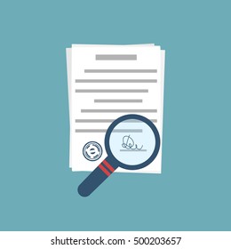 Magnifier and paper document. Vector illustration flat design. 