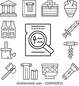 magnifier, papyrus, hieroglyphs icon in a collection with other items