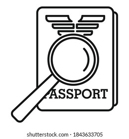 Icono de control de pasaportes amplificador. Esquema magnificador control de pasaportes icono vectorial para el diseño web aislado en fondo blanco