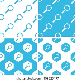 Magnifier patterns set, simple and hexagon, blue and white
