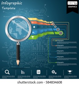 Magnifier Pencil shining Path world Business  Success Modern design Idea and Concept Vector illustration Infographic template with Lined pattern,graph,arrow,icon.