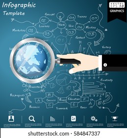 Magnifier Pencil shining Path world Business  Success Modern design Idea and Concept Vector illustration Infographic template with Lined pattern,graph,arrow,icon.