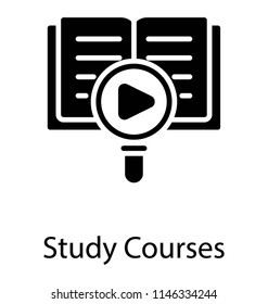 A magnifier with play sign over a open book indicating this icon to be study course 