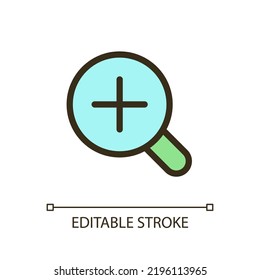 Magnifier and plus pixel perfect RGB color ui icon. Image enlargement. Simple filled line element. GUI, UX design for mobile app. Vector isolated pictogram. Editable stroke. Arial font used