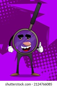 Magnifier pointing at the viewer with his hand. Cartoon Character science research object, analysis, business, examination, optics concept.