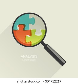 Magnifier with a puzzle. Education or analysis concept